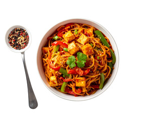 A top-down flat lay of spicy Schezwan Hakka noodles served in a white bowl, mixed wit 