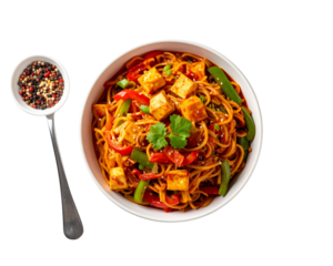 A top-down flat lay of spicy Schezwan Hakka noodles served in a white bowl, mixed wit 
