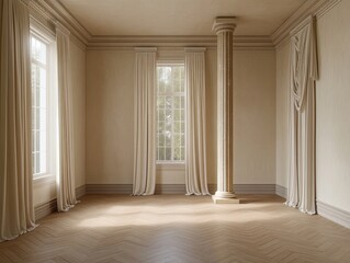 Empty bright room with tall windows covered by light curtains, a decorative classical column, and elegant beige walls with crown molding