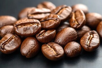 Naklejka premium Close-up image of roasted coffee beans with rich brown color and textured surface on dark background