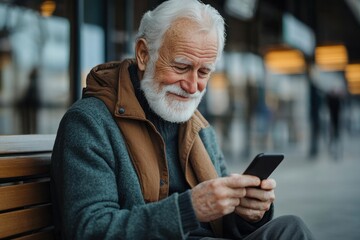 Obraz premium Elderly man with white hair and beard sitting on a wooden bench outdoors smiling while using a smartphone in a relaxed urban environment