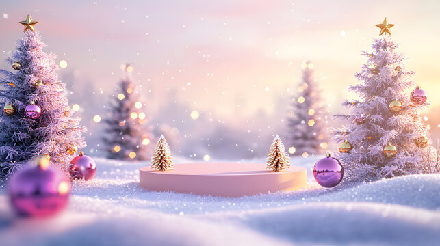A pink podium surrounded by pink decorated Christmas trees with multicolored Christmas tree baubles in a snowy meadow against a blue sky - Powered by Adobe