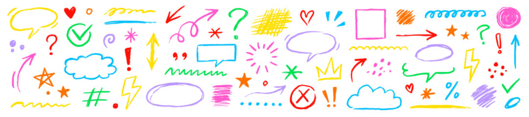 Crayon chalk pencil line elements set. Hand drawn kid color crayon pencil, texture brush stroke arrow, highlight, frame doodles. Marker arrow, chalk scribble underline, emphasis. Vector illustratio