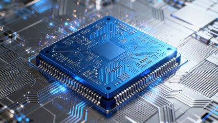 Futuristic Blue Microchip on Circuit Board