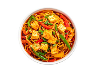 A top-down flat lay of spicy Schezwan Hakka noodles served in a white bowl, mixed wit 