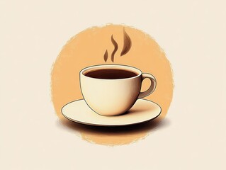 Obraz premium Illustration of a steaming cup of coffee on a saucer with a warm orange circular background suggesting warmth and comfort