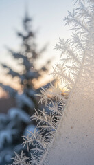 Frosty window with icy patterns and snow-covered tree outside  