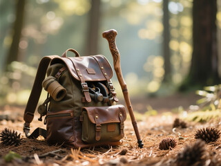 Outdoor backpack with hiking stick beside pine cones in forest  