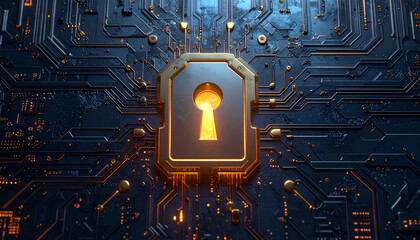 Cybersecurity keyhole icon illuminating a detailed electronic circuit, symbolizing robust digital protection, data privacy, and secure network infrastructure in modern technology