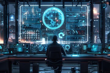 Person monitoring global data in futuristic control room