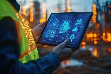 Person wearing a safety vest using a tablet with digital data and charts displayed in a construction site at dusk with blurred lights in the background