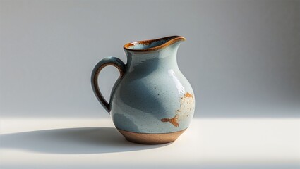 ceramic pitcher with rustic glaze and pouring spout on a white background