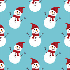 Cute snowman cartoon vector seamless pattern for a happy winter holiday Christmas and New Year celebration decoration