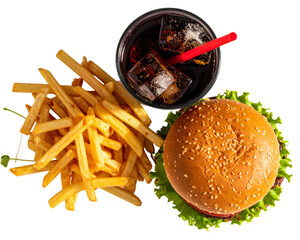 A top-down food photography layout showing a burger with sesame bun, fries arranged b