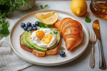 Plate with toasted bread topped with sliced avocado and two poached eggs, served with a golden croissant, fresh blueberries, lemon wedges, and a jar of honey on a white wooden table