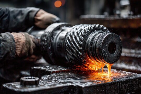 Close-up of a worker handling a large, oiled, steel gear in a factory. Use this in projects involving industry, manufacturing, and engineering.