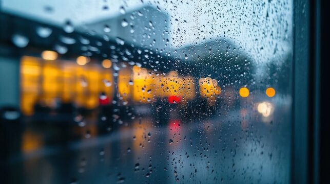 raindrops on window glass overlooking a blurry urban scene with glowing yellow lights and evening atmosphere