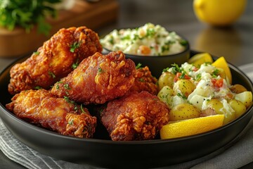 Fototapeta premium Plate of crispy fried chicken drumsticks served with seasoned baby potatoes topped with creamy salad and a side of mashed potato salad garnished with fresh herbs and lemon wedges