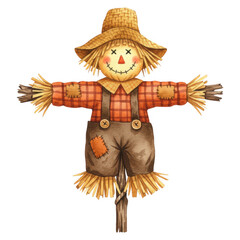Watercolor illustration of a smiling scarecrow wearing a straw hat and plaid shirt on a stick isolate