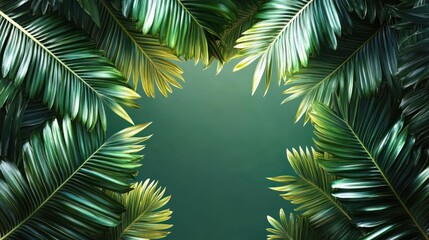 Fototapeta premium Close-up of vibrant green palm leaves arranged symmetrically around a blank green background creating a natural frame
