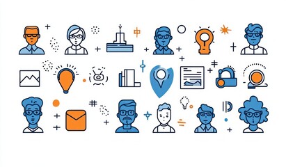 Collection of stylized blue and orange line art icons and avatars showing faces, light bulbs, graphs, envelope, location pin, padlock representing communication and ideas