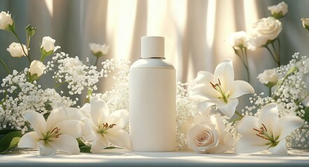 Minimalist white cylindrical bottle surrounded by delicate white flowers including lilies, roses, and baby's breath against a softly lit background