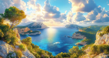 Bright sunlit coastal landscape with blue sea, rugged cliffs, green trees, and a partly cloudy sky creating a peaceful and uplifting atmosphere