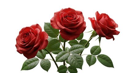 Three vibrant red roses with green leaves captured in a detailed studio portrait against a dark backdrop