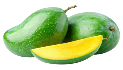 Transparent PNG: Fresh green mangos with a vibrant yellow slice showcasing their juicy interior.