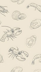 Naklejka premium Whimsical seafood illustration lobsters prawns clams oysters elegant culinary design prints