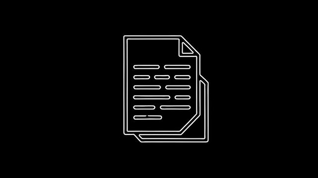 Minimalist white outline document icon animation, 4K line art with alpha channel transparency and modern design
