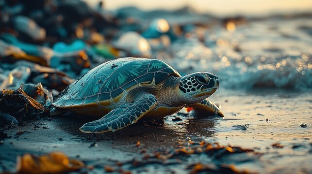 A sea turtle crawling on a rocky beach shoreline as gentle waves approach during golden hour light