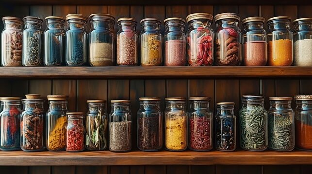 Wooden shelves filled with various glass jars containing colorful spices, herbs, and dried ingredients, evoking a warm and organized kitchen atmosphere