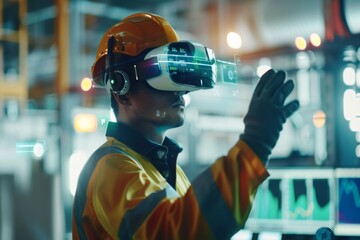 Industrial worker wearing vr headset controlling facility operation