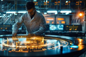 Engineer interacting with futuristic holographic user interface data