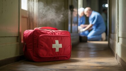 First Aid Bag on Floor with Medical Team in Background