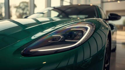 Luxury Sports Car Headlight Closeup in Metallic Showroom