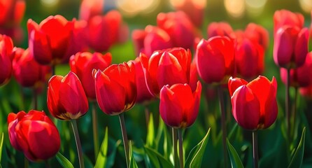 Vibrant red tulips blooming in a sunlit garden with blurred background of foliage and soft warm light