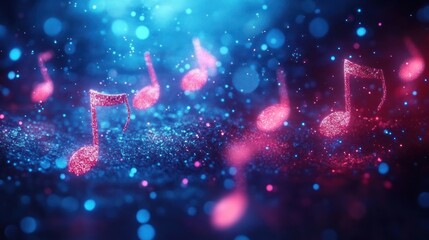 Glowing pink musical notes floating over a sparkling blue and purple bokeh background, evoking a vibrant and magical atmosphere