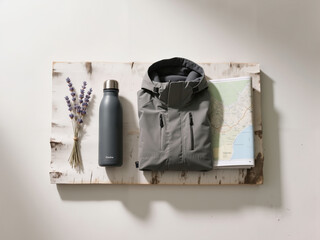 Cold weather gear including jacket, water bottle, and map on wooden display  