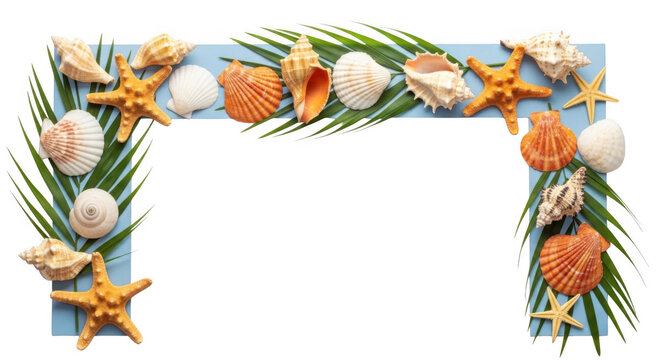 Tropical seashell archway decor featuring starfish and palm fronds for beach parties