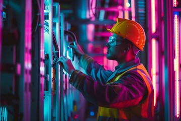 Electrician performing maintenance on server rack in neon lit data center