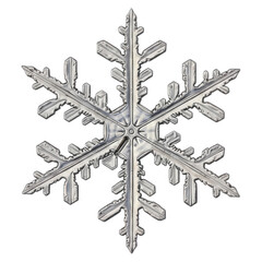 Intricate six sided stellar dendrite ice crystal photographed against a dark backdrop isolate