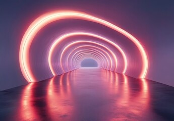 Obraz premium Futuristic illuminated tunnel with glowing pink and orange arches reflecting on glossy floor creating a vibrant and surreal atmosphere