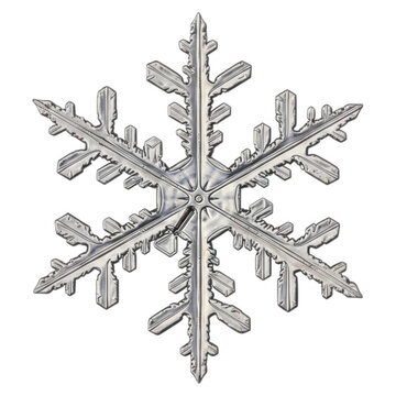 Intricate six sided stellar dendrite ice crystal photographed against a dark backdrop isolate