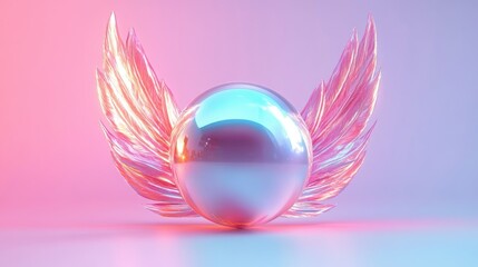 Shiny reflective orb with glowing translucent wings on a smooth surface with soft pink and blue gradient background evoking a futuristic and ethereal feeling