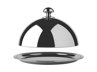 A gleaming polished silver cloche lid is artfully lifted above a matching ornate silver serving dish on a black background