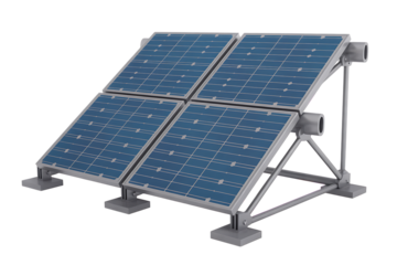 Four photovoltaic solar panels mounted on a sturdy metal frame for generating clean renewable energy from sunlight