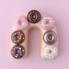 Colorful donuts are positioned in a circular arrangement on a white background