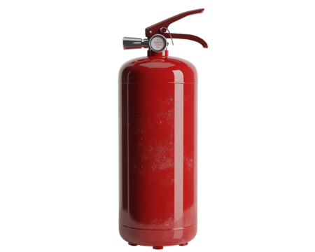 A bright red portable fire extinguisher with a silver nozzle and handle stands ready for emergency use against a stark black background